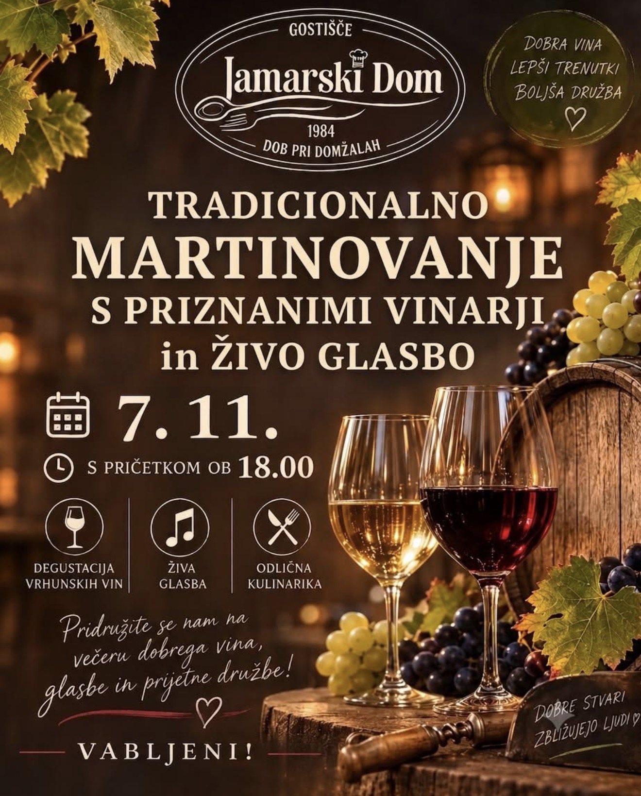 Plakat: Tradicionalno Martinovanje s priznanimi vinarji in živo glasbo, 7. 11. ob 18.00